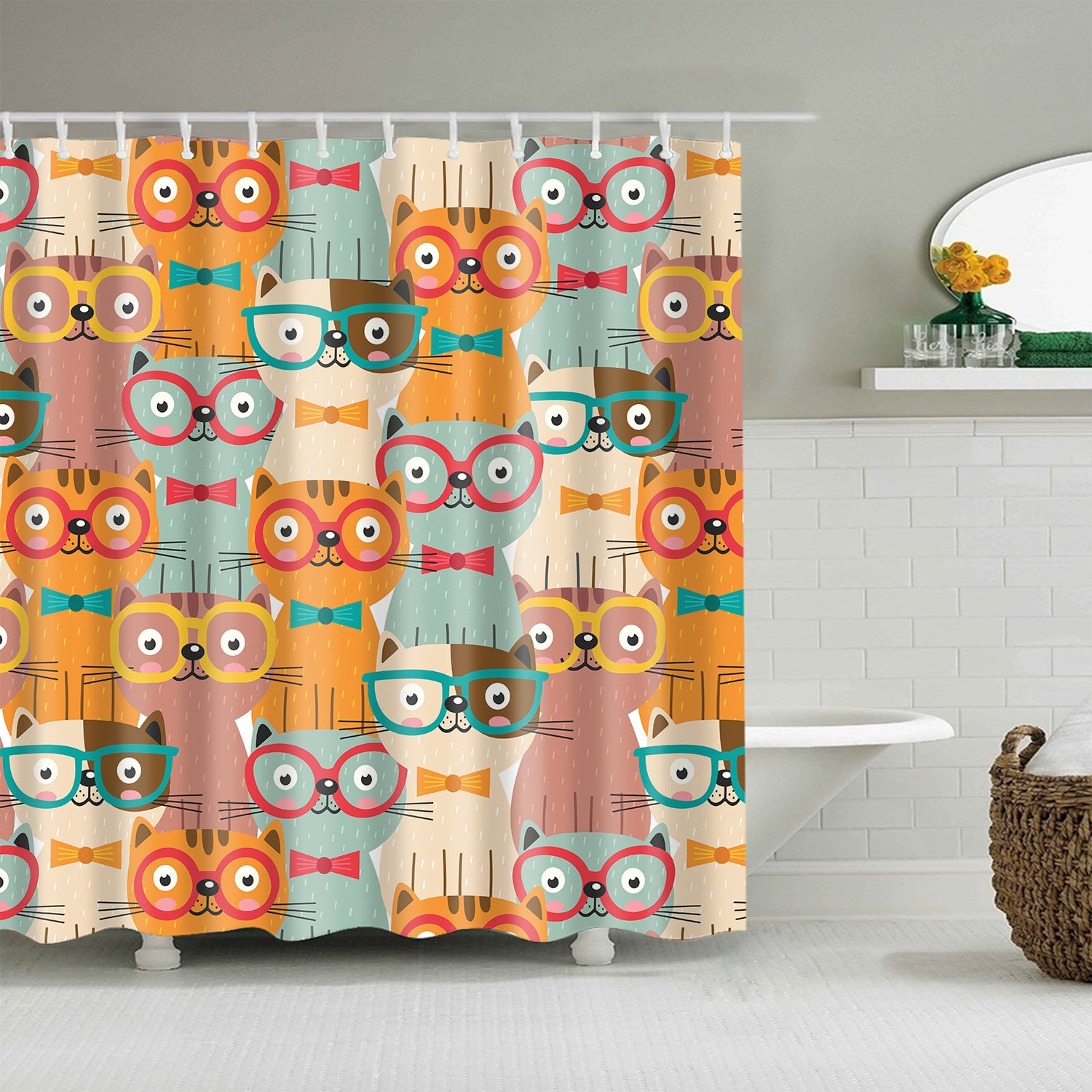 Seamless Colorful Cats in Glasses Shower Curtain