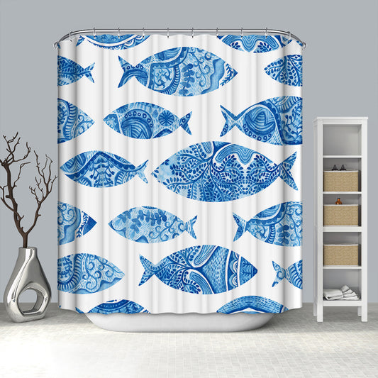 Seamless Stylized Blue Fish Shower Curtain