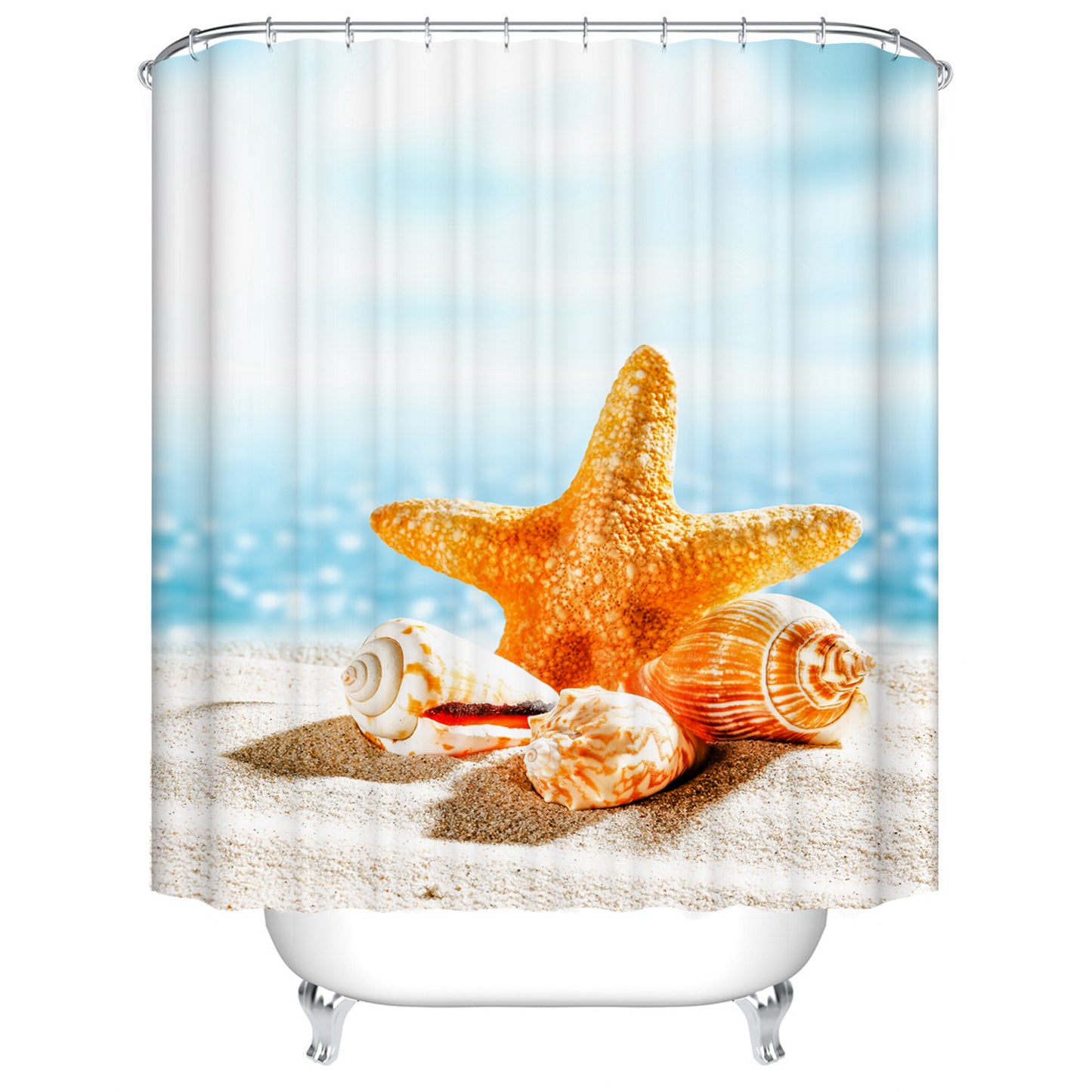 Seashell and Starfish with Blue Sea Wave Beach Scenic Shower Curtain