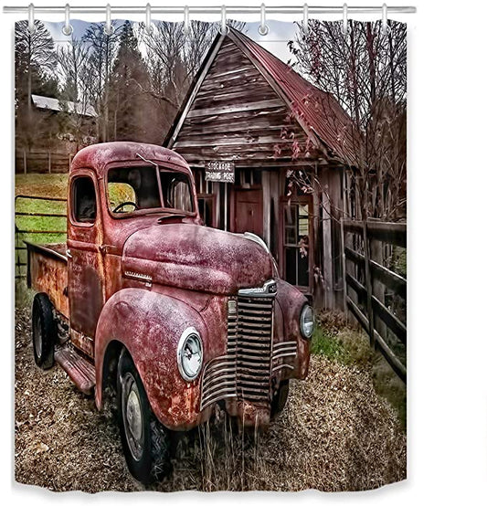 Shabby Old Red Truck with Cabin Shower Curtain