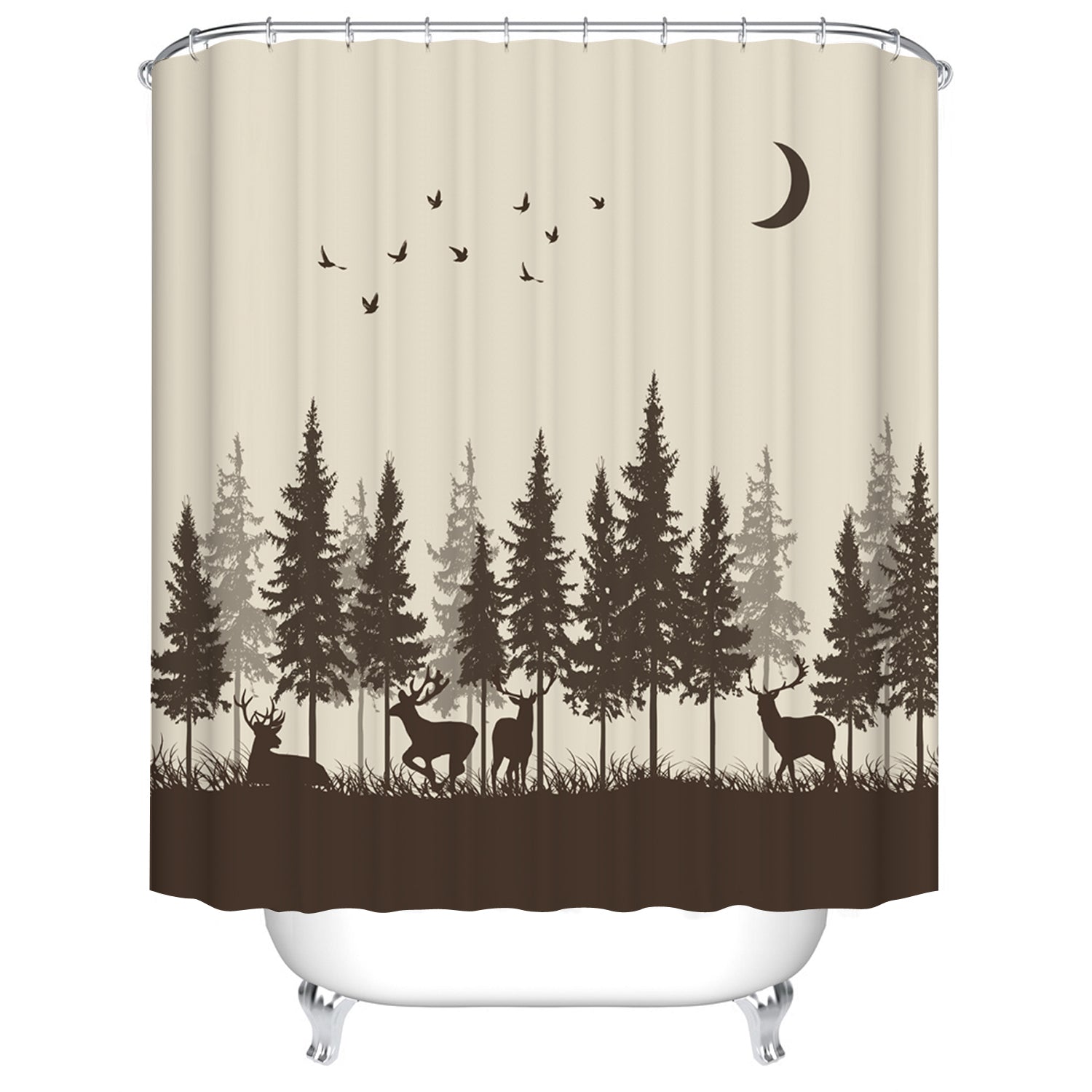 Silhouette of Forest Tree with Family Deer Shower Curtain