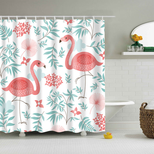 Simple Pink Flamingo with Green Plants Shower Curtain