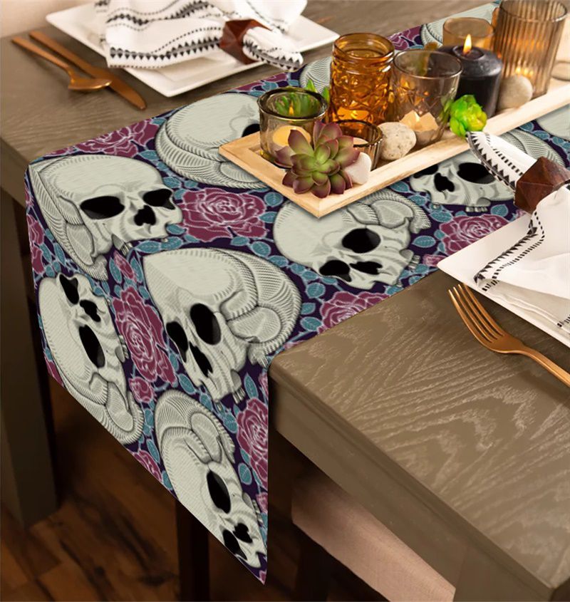 Skull Head with Roses Skeleton Table Runner