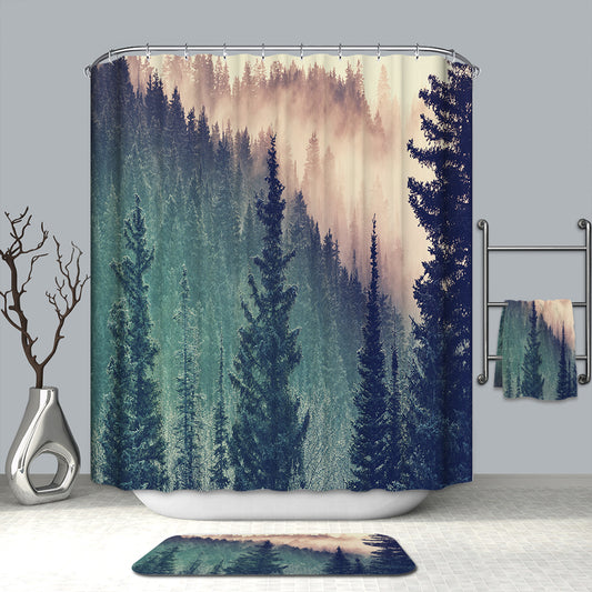 Smoky Mountain with Green Tall Spruce Pine Tree Shower Curtain
