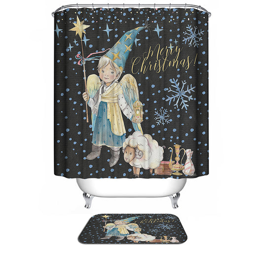 Snowflake Black Backdrop Christmas Guardian Angel Kids Prince with Sheep Prince Shower Curtain