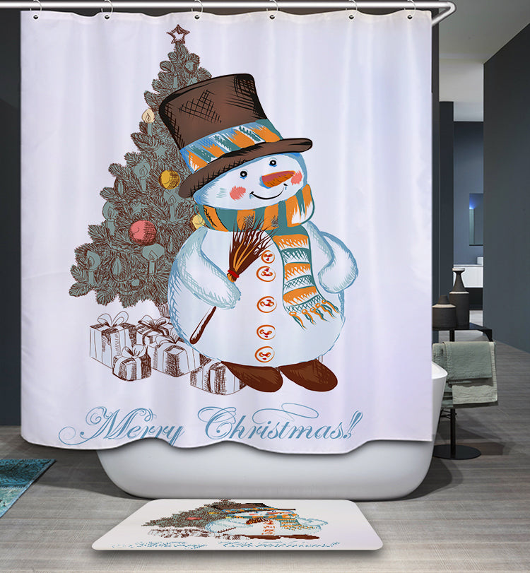Snowman Leaning Against Christmas Tree Shower Curtain