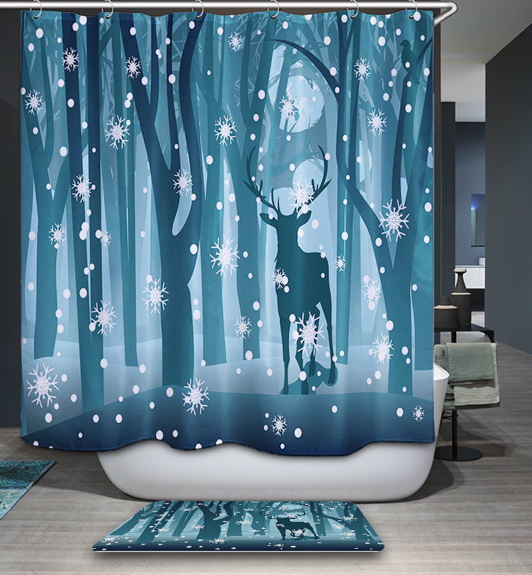 Snowy Winter Fallow Deer in Blue Forest Christmas Shower Curtain