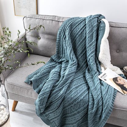 Solid Color Cable Knit Double Layer Sherpa Couch Throw Blanket
