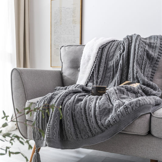 Solid Color Cable Knit Double Layer Sherpa Couch Throw Blanket
