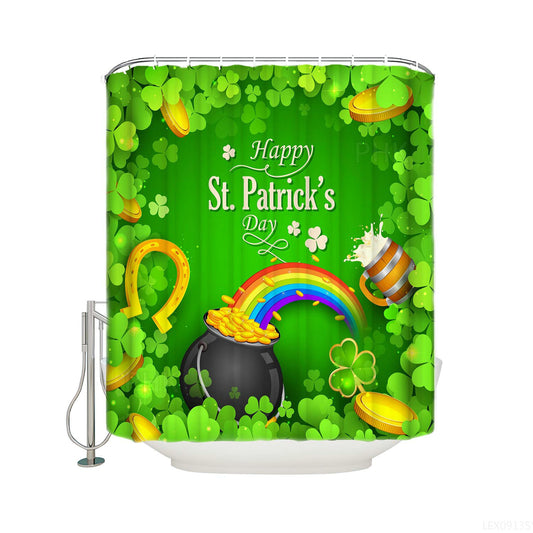 Spring Green Clover Leaf Shamrock Backdrop Gold Coin with Rainbow St Patty's Day Shower Curtain
