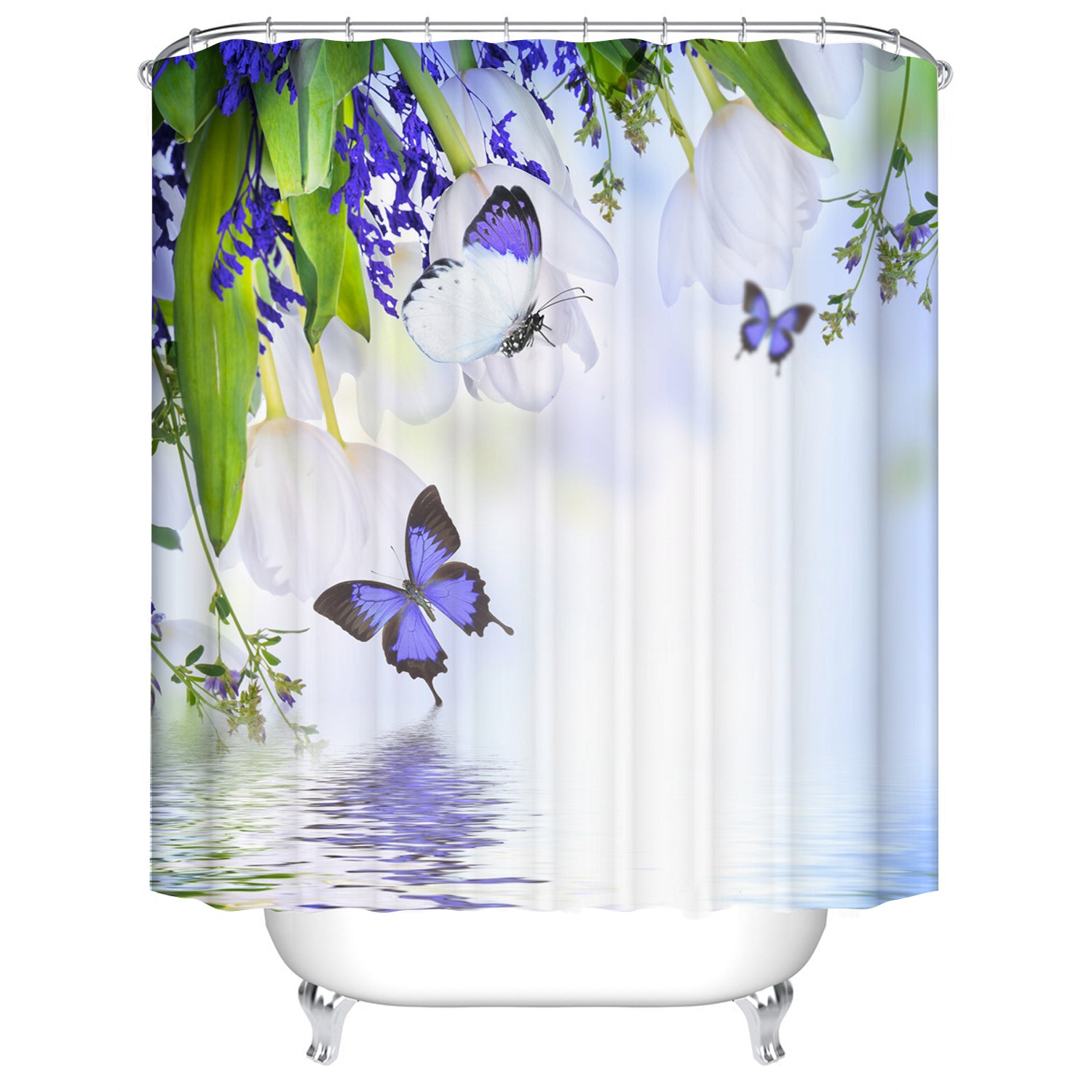 Spring River with White Flowers and Purple Butterfly Shower Curtain