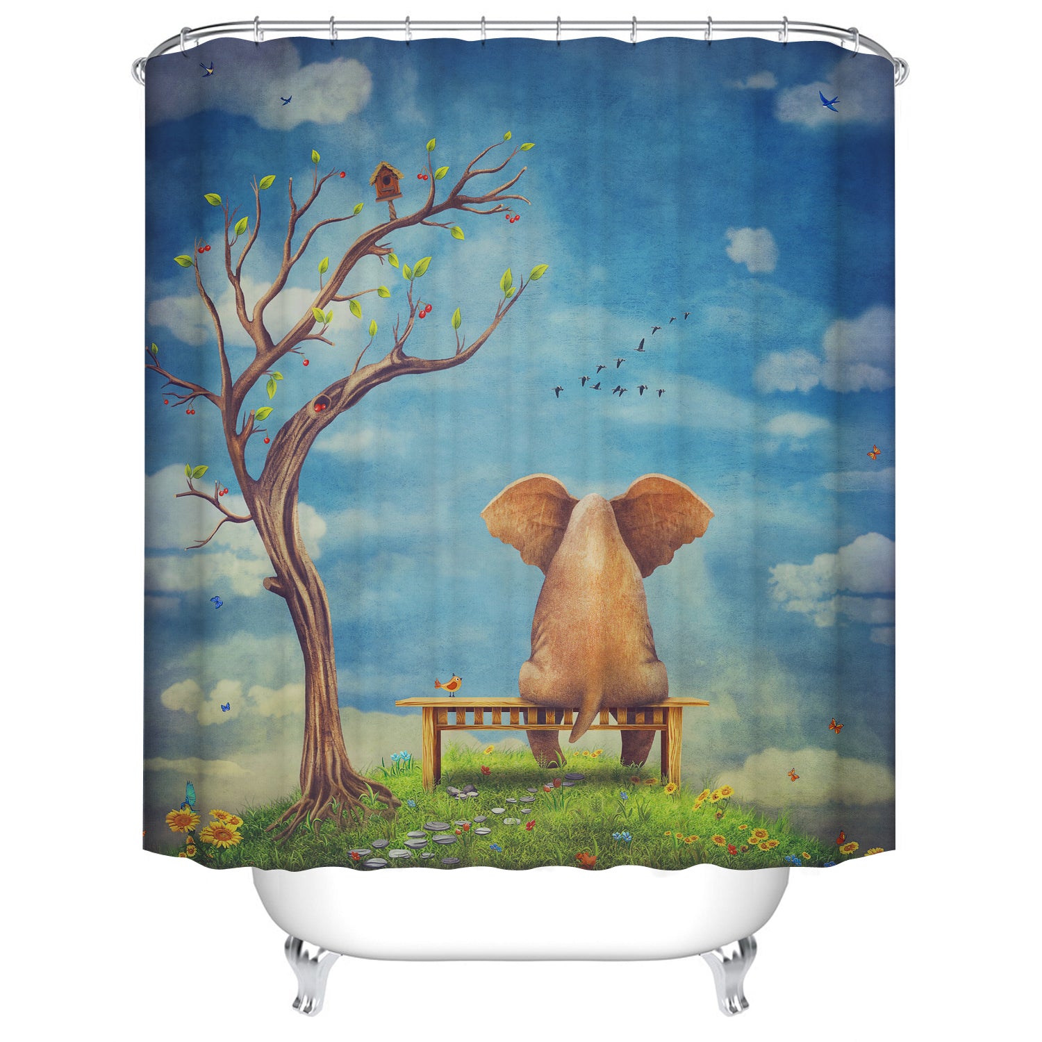 Spring Season Grass with Tree Sitting on Bench with Birds Lovely Elephant Shower Curtain
