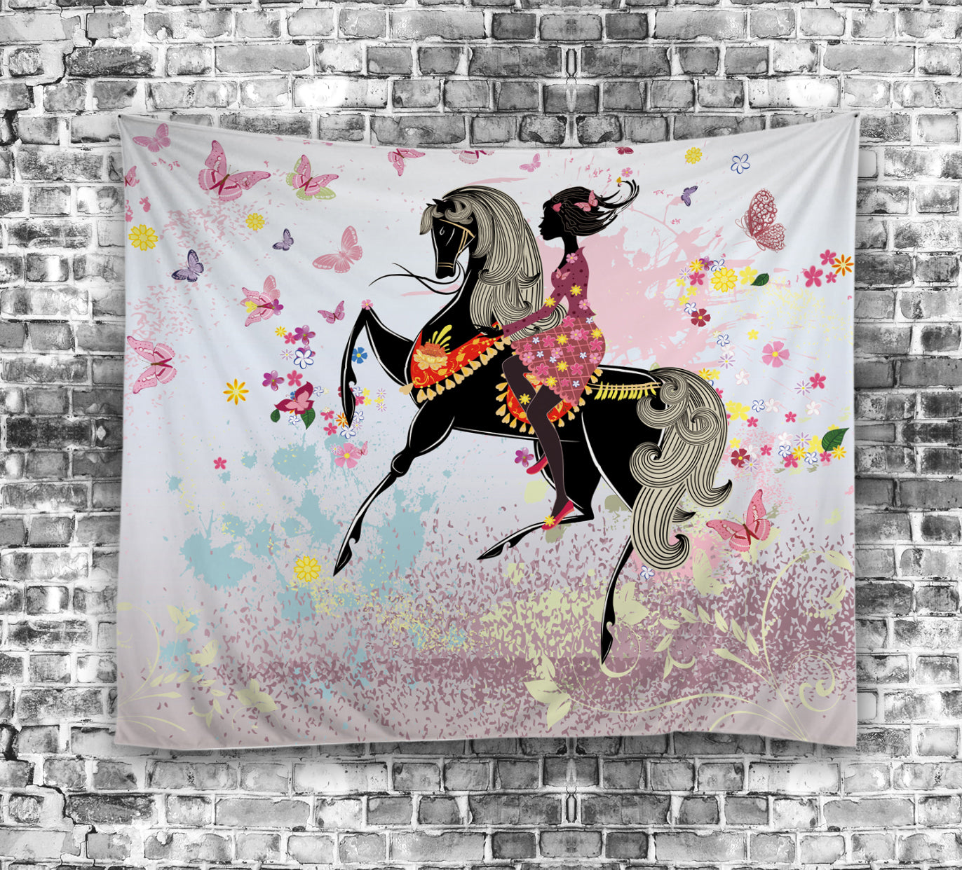 Spring Floral Fairy Girl Riding Horse Tapestry