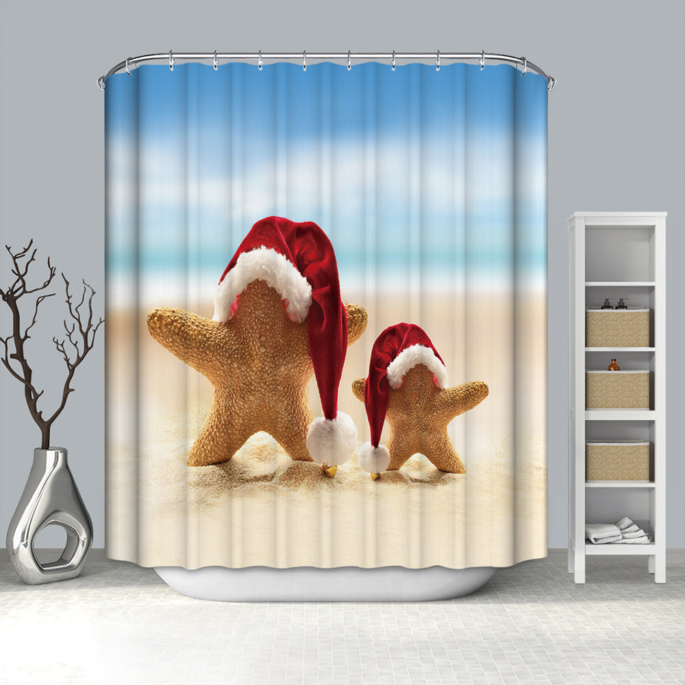 Starfish Wearing Christmas Hat Summer Beach Shower Curtain