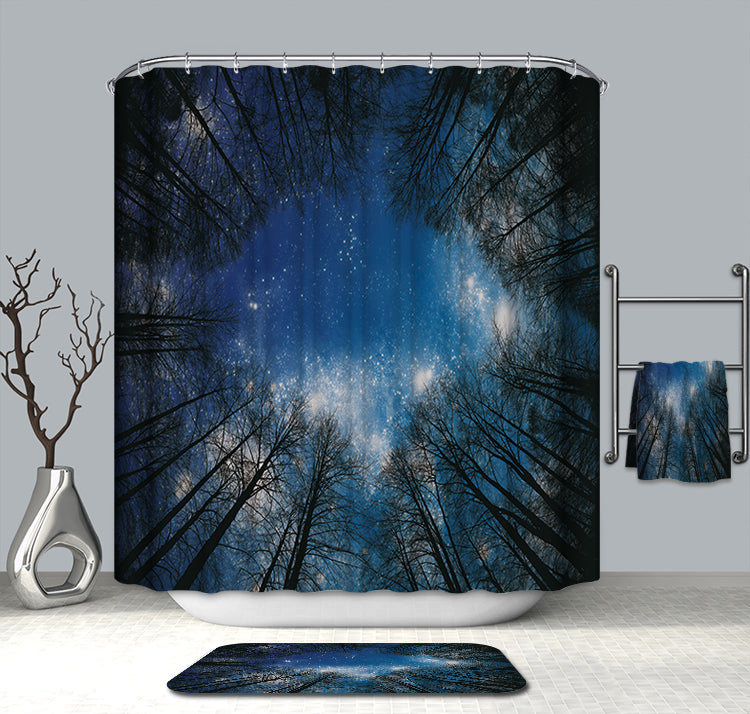 Starry Night Sky Forest Tree Shower Curtain