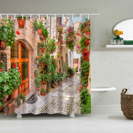 Summer Italy Narrow Street in Small Town Village Scenery Shower Curtain