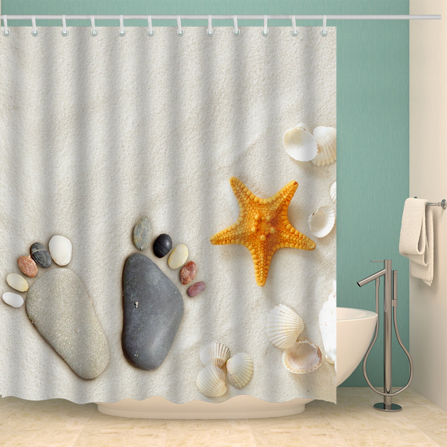 Summer Starfish Shower Curtain Rock Footprint Beach Bathroom Curtains