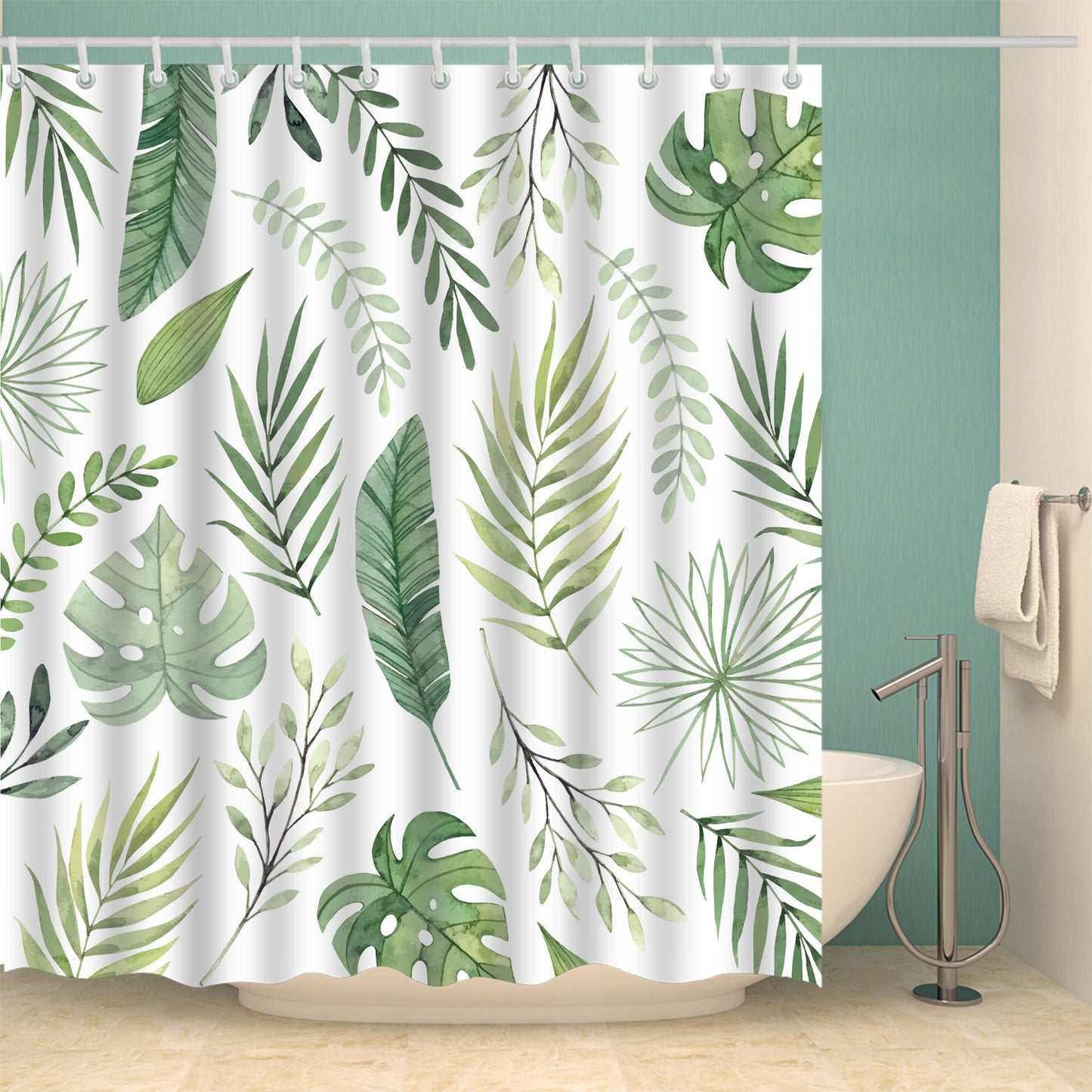 Summer Tropical Seamless Green Palm Floral Leaves Shower Curtain
