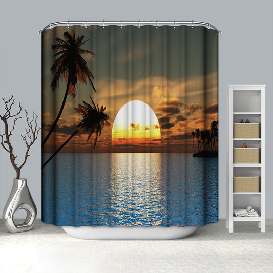 Sunset Seascape Shower Curtain Coconut Palm Tree on Beach