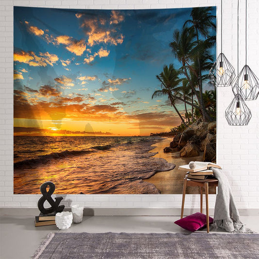 Sunset Summer Palm Tree Beach Island Tapestry