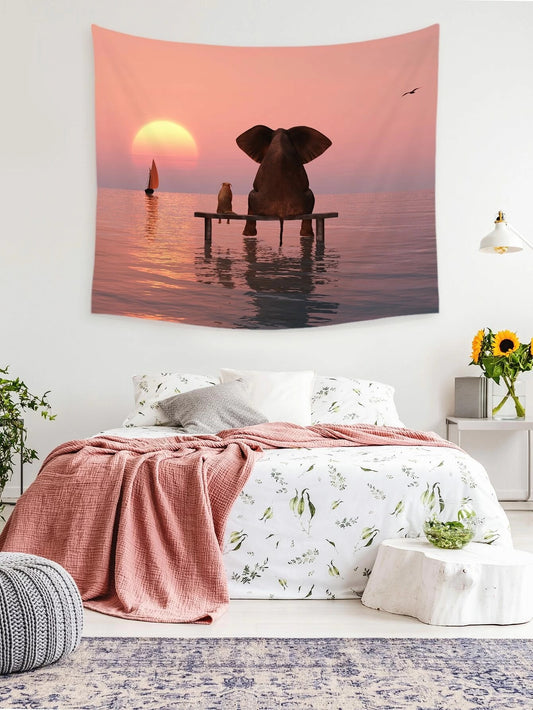 Sunset at Beach Elephant Dog Friendly Animal Tapestry
