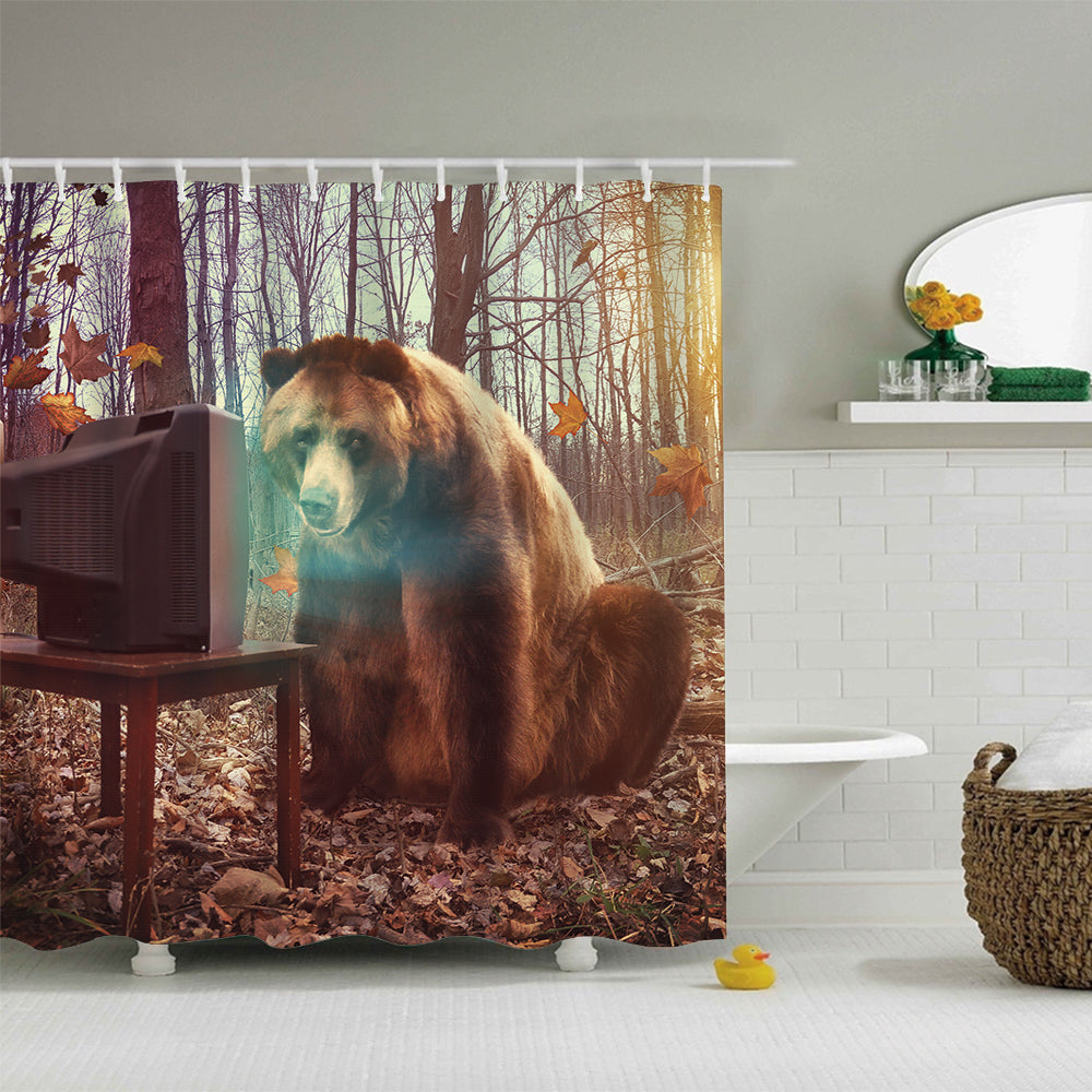 Surreal Wild Brown Bear Watching TV in Woods Shower Curtain