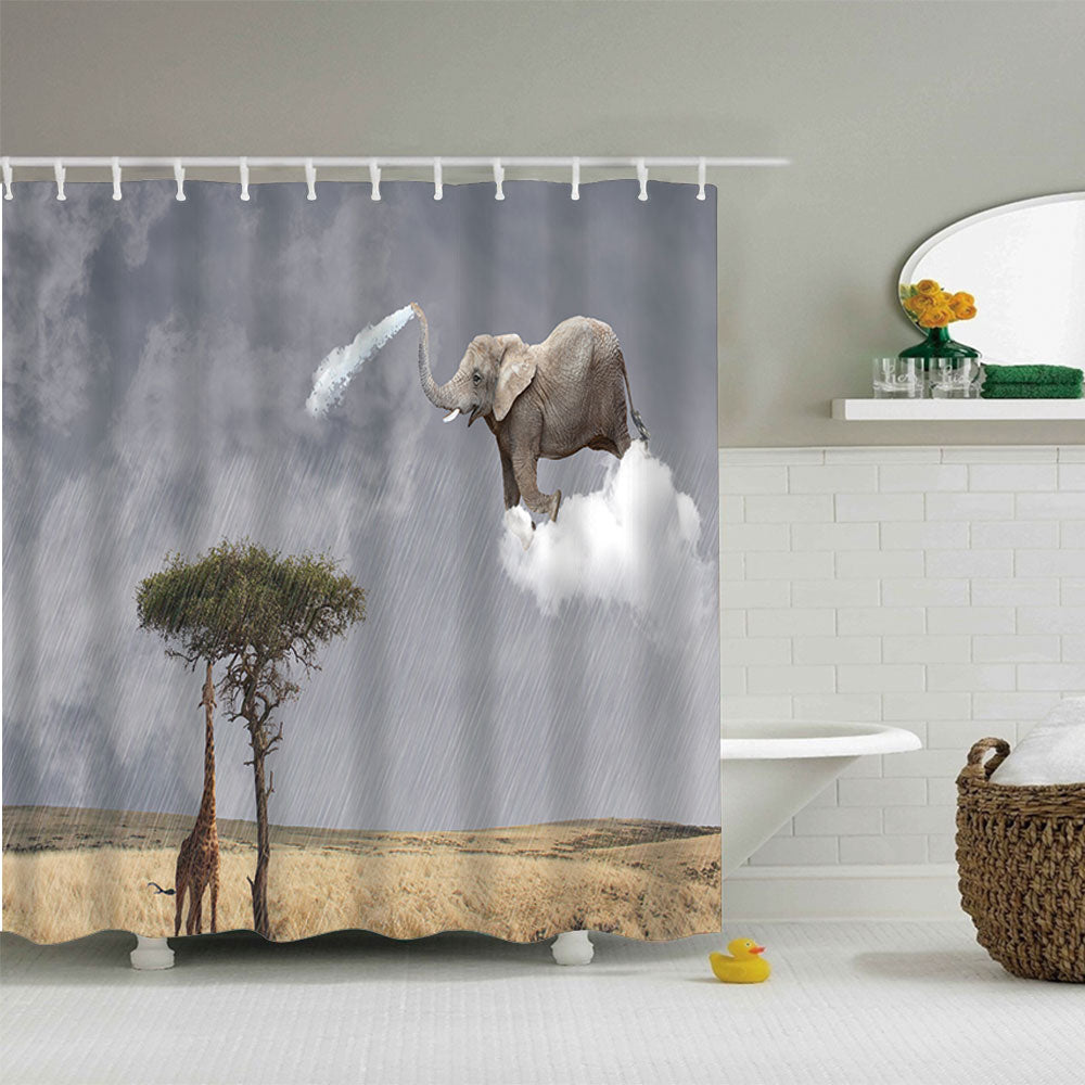 Surrealism Giraffe African Animals Wildlife Rainy Day Clouds Elephant Art Shower Curtain