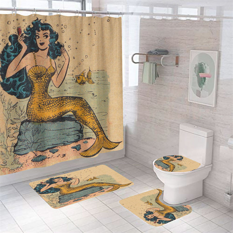 Vintage Coast Golden Tail Mermaid Shower Curtain