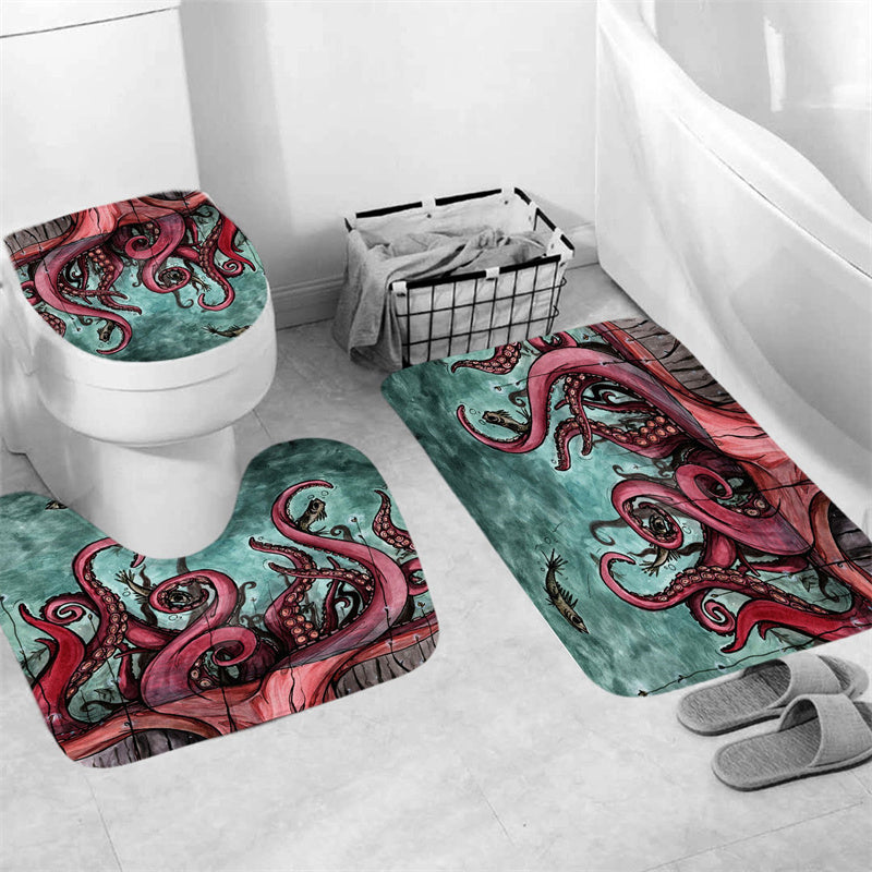 Stunning Red Octopus Tentacle Shower Curtain Set - 4 Pcs