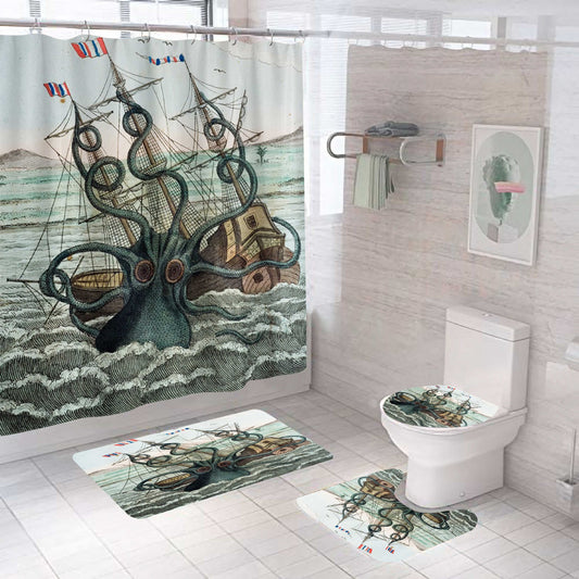 Caribbean Sea Sailboat Octopus Kraken Shower Curtain Set - 4 Pcs