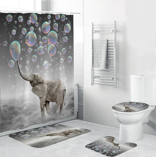 Rainbow Bubble Elephant Shower Curtain Set - 4 Pcs