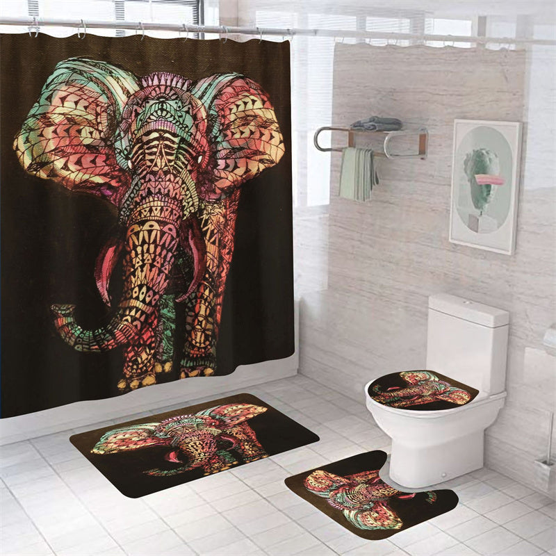 Bohemian Elephant Shower Curtain Set - 4 Pcs, Black Backdrop