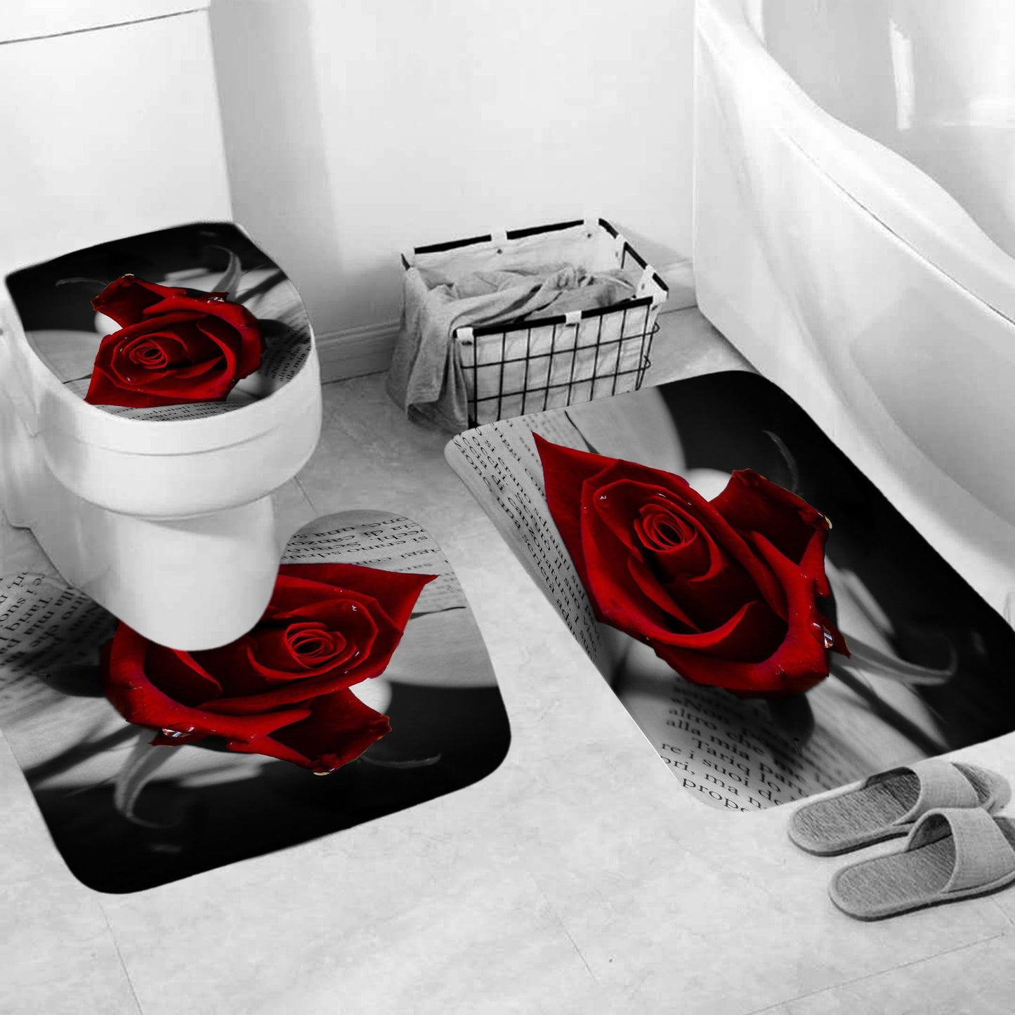 Elegant Book with Red Rose Shower Curtain Set - 4 Pcs