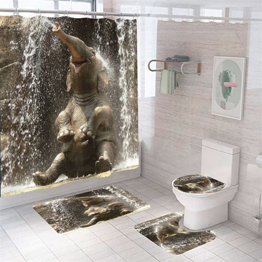 Elephant Spraying Water Shower Curtain Set - 4 Pcs