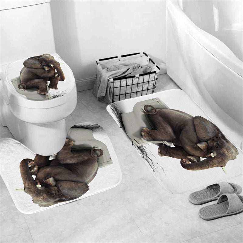Elephant Pooping Sitting on Toilet Shower Curtain Set - 4 Pcs
