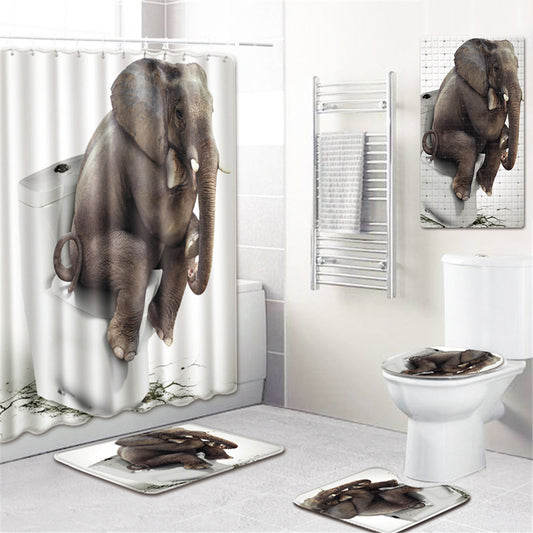 Elephant Pooping Sitting on Toilet Shower Curtain Set - 4 Pcs