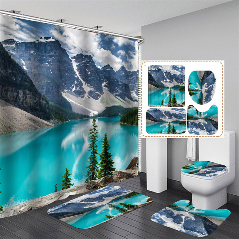 Beautiful Nature Mountain Lake Shower Curtain Set - 4 Pcs