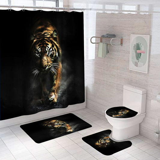 Black Wildlife Tiger Shower Curtain Set - 4 Pcs