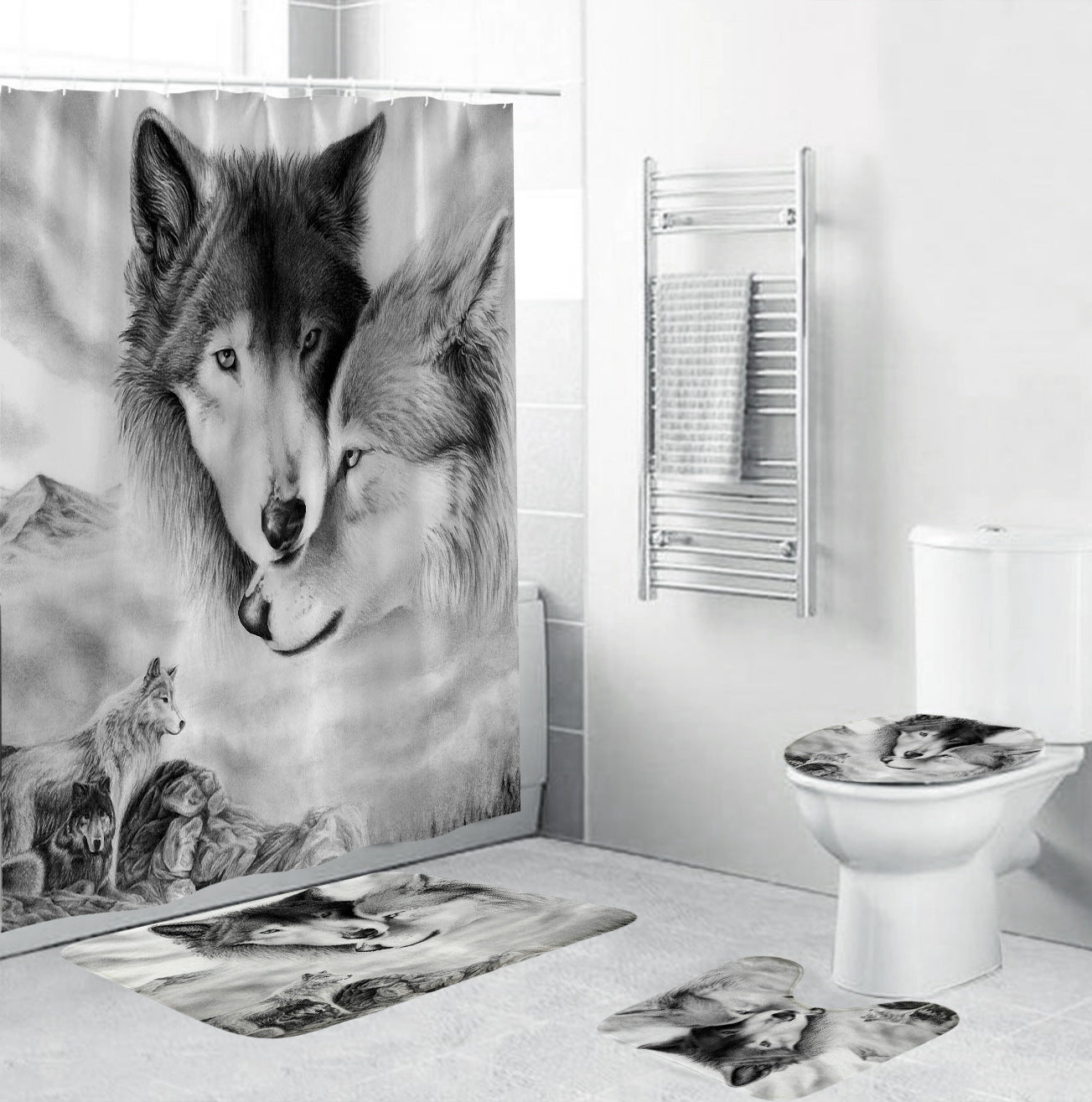 Black and White Wolf Life Shower Curtain Set - 4 Pcs