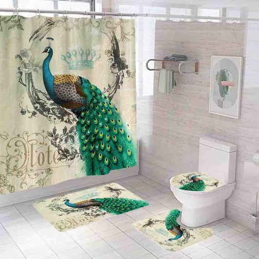 Grandeur Peacock with Crown Shower Curtain Set - 4 Pcs