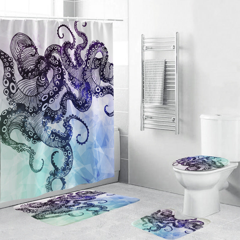Green and Purple Watercolor Octopus Tentacle Shower Curtain Set - 4 Pcs