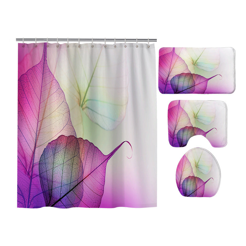 Purple Color Morning Glory Macro Leaves Shower Curtain Set - 4 Pcs