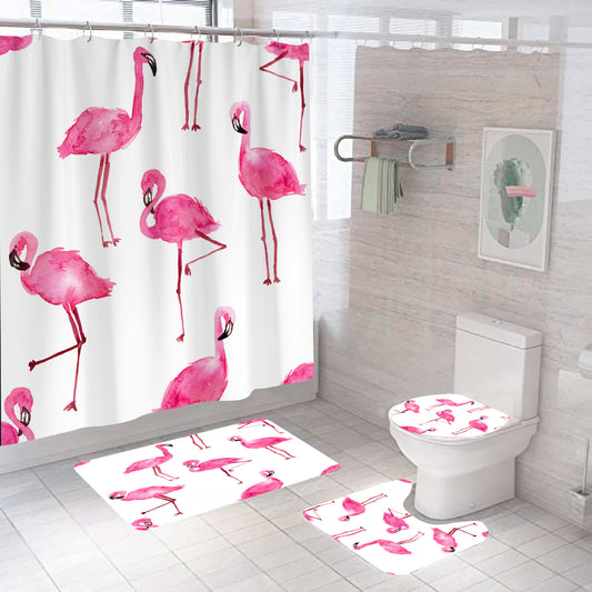 Pink Flamingo Shower Curtain Set - 4 Pcs