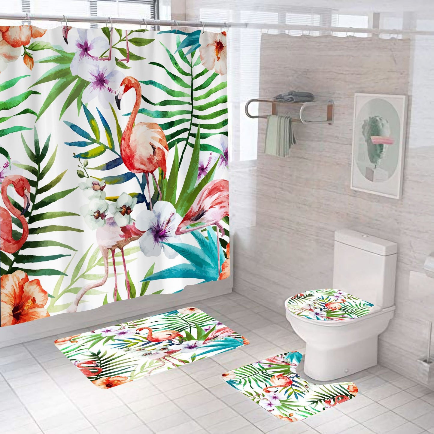 Colorful Plant with Flamingo Shower Curtain Set - 4 Pcs
