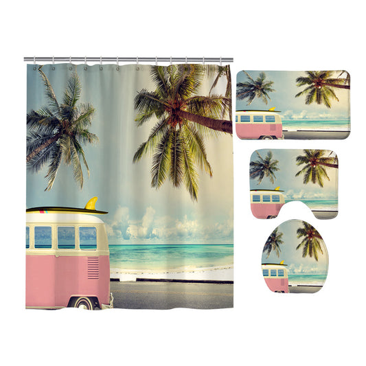 Vintage Pink Ice Cream Cart Palm Tree Beach Style Shower Curtain Set - 4 Pcs