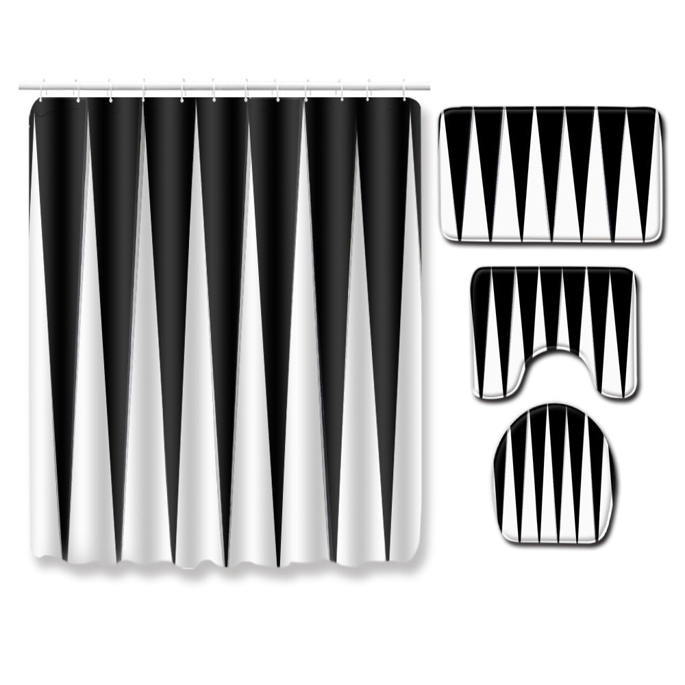 Black White Modern Bevel Stripe Monochrome Shower Curtain Set - 4 Pcs