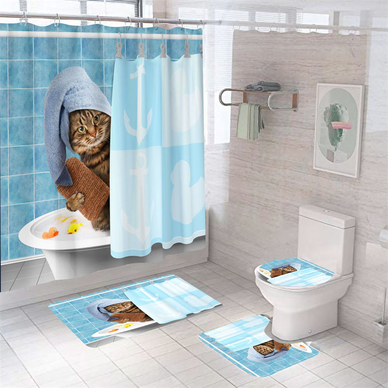 Blue Wall Cat Bathing Shower Curtain Set - 4 Pcs