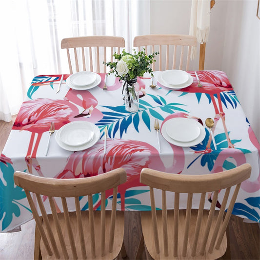 Tropical Style Pink Flamingo and Green Palm Tree Leaves Rectangle Table Cover