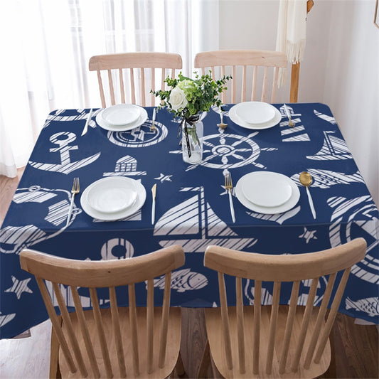 Navy Blue Anchor Fish Lighthouse Boat Marine Print Nautical Style Rectangle Table Cover