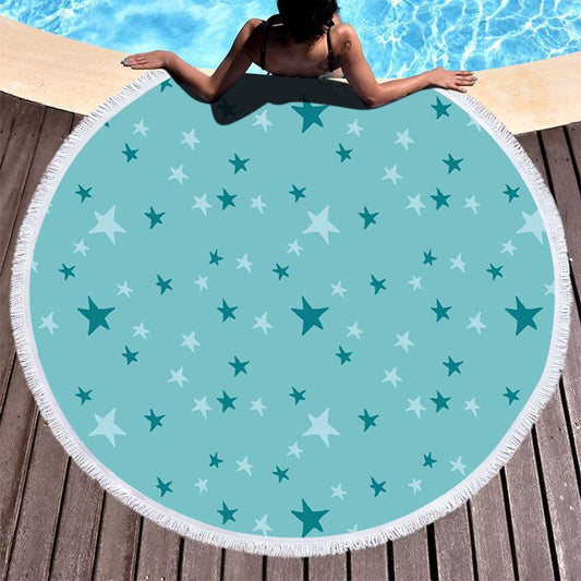 Teal Blue Star Print Round Beach Towel